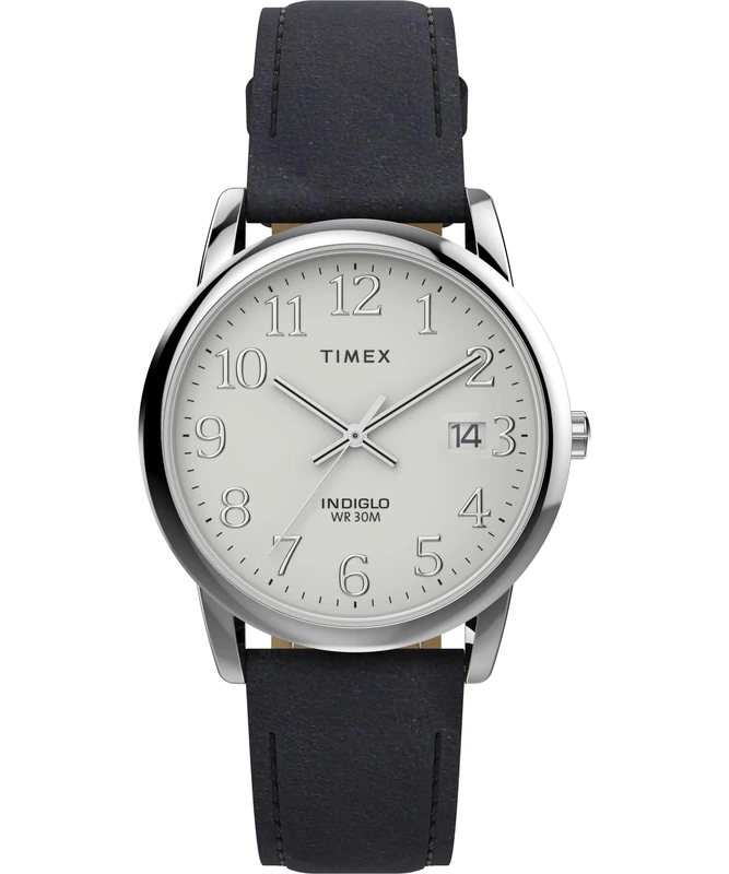 Timex Men's Easy Reader 35mm Watch, Black Leather Strap White Dial Silver-Tone Case