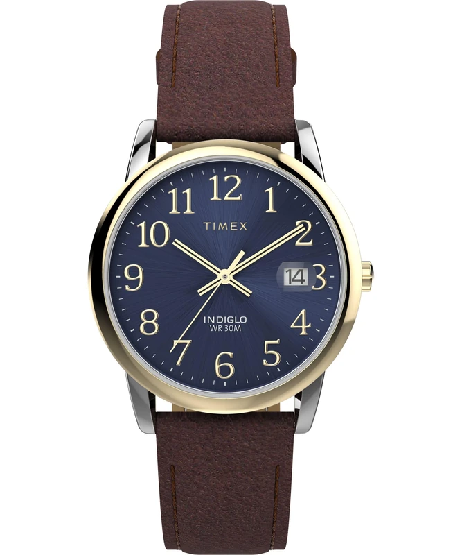 Timex Men's Easy Reader 35mm Watch, Brown Leather Strap Blue Dial Silver-Tone Case - Image 1