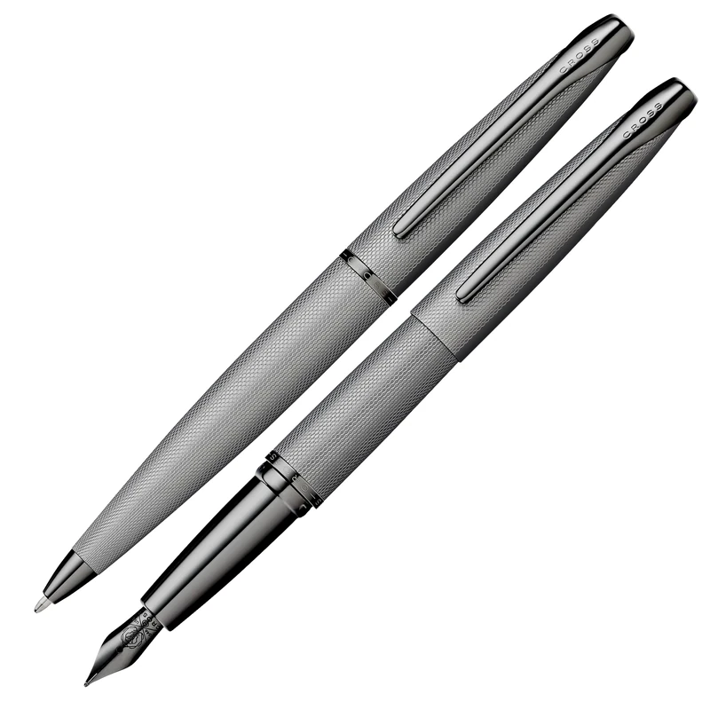 Cross ATX Ballpoint Pen and Fountain Pen Gift Set (Medium Line or Nib Size) Brushed Titanium Grey Ink Colour Black