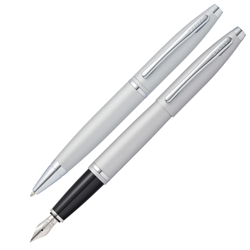 Cross Calais Ballpoint Pen and Fountain Pen Gift Set (Medium Line or Nib Size) Satin Chrome Ink Black