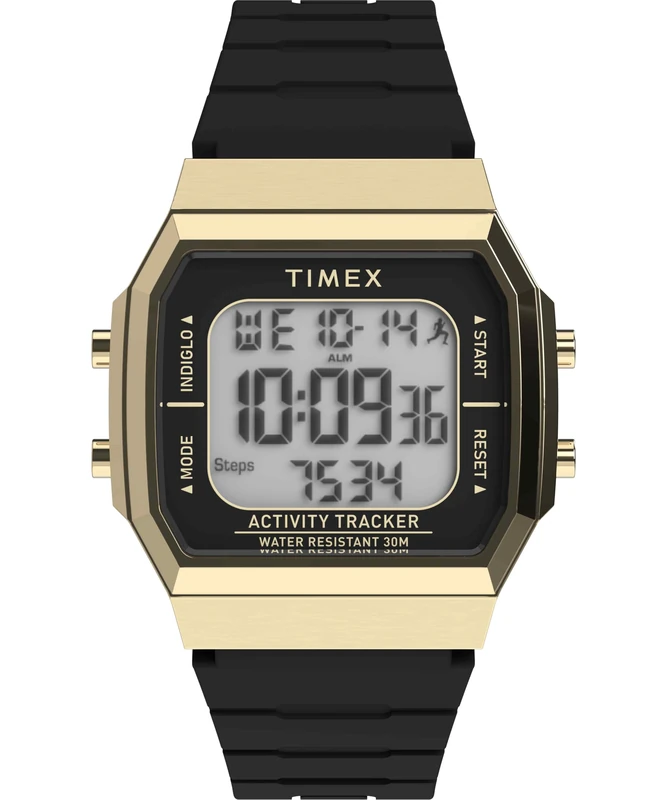 Timex Unisex Activity Tracker Sport 40 mm Watch, Black Silicone Strap Digital Dial Gold-Tone Case