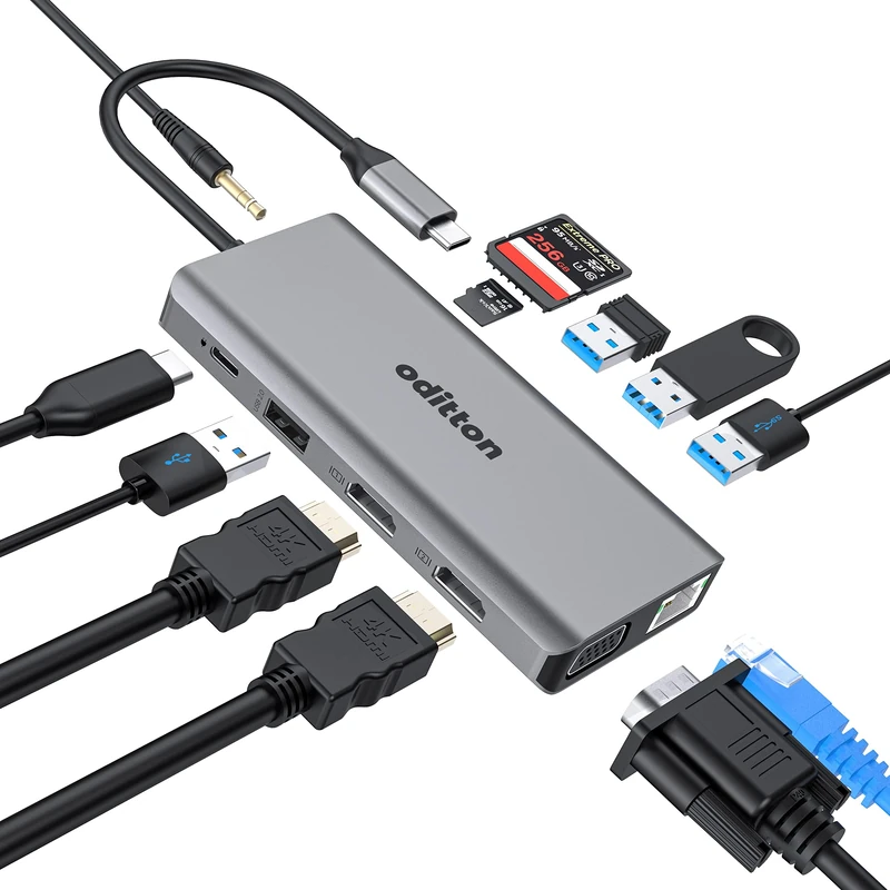 oditton USB C Hub, 12 in 1 Docking Stations with HDMI 4K*2, SD/TF, PD 100W, VGA, 2*USB 3.0, 2*USB 2.0, 3.5MM Jack, Gigabit Ethernet, USB C Adapter for Mac Pro/Air Dell Tablet