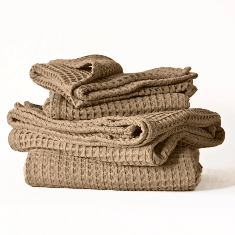 Viva Maison 4-Piece Waffle Towels Set for Bathroom - Soft 100% Turkish Cotton Quick-Dry Lint-Free Waffle Weave Thin Bath and Hand Towels4 (Brown, 2 Bath & 2 Hand Towel Set)