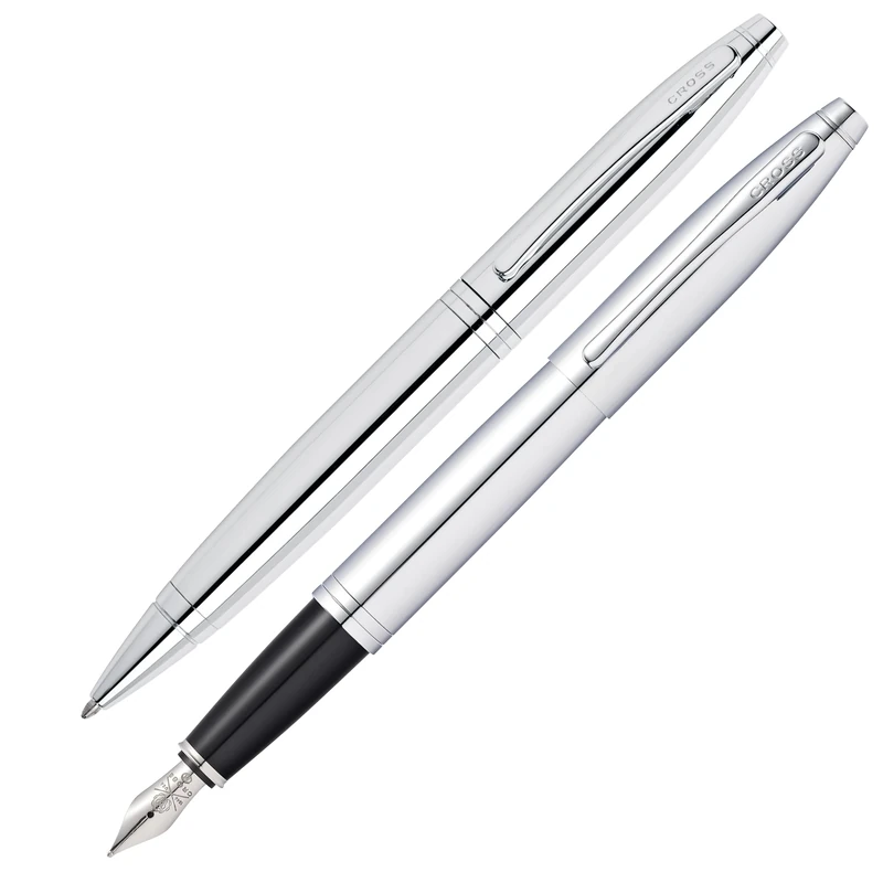 Cross Calais Ballpoint Pen and Fountain Pen Gift Set (Medium Line or Nib Size) Black Gloss Chrome