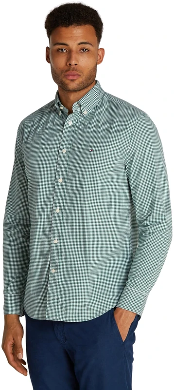 Tommy Hilfiger Men’s Flex Poplin Gingham Regular Fit Shirt, Multicolor (Nouveau Green/Optic White), S