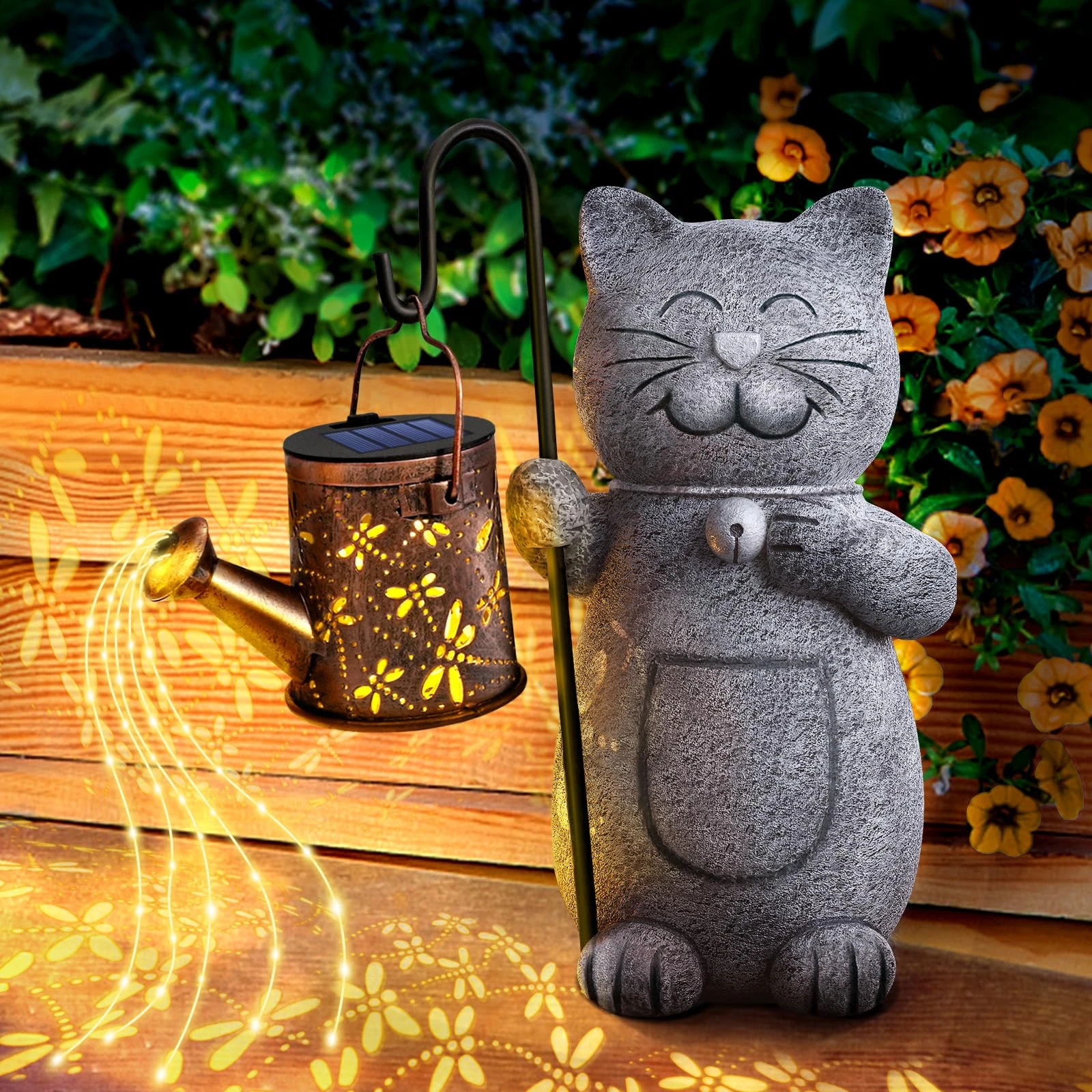 Hinshark Gifts for Women Mum Her, Cat Statue Garden Ornaments Outdoor with Solar Lantern, Birthday Christmas Secret Santa Cat Gardening Gifts for Women