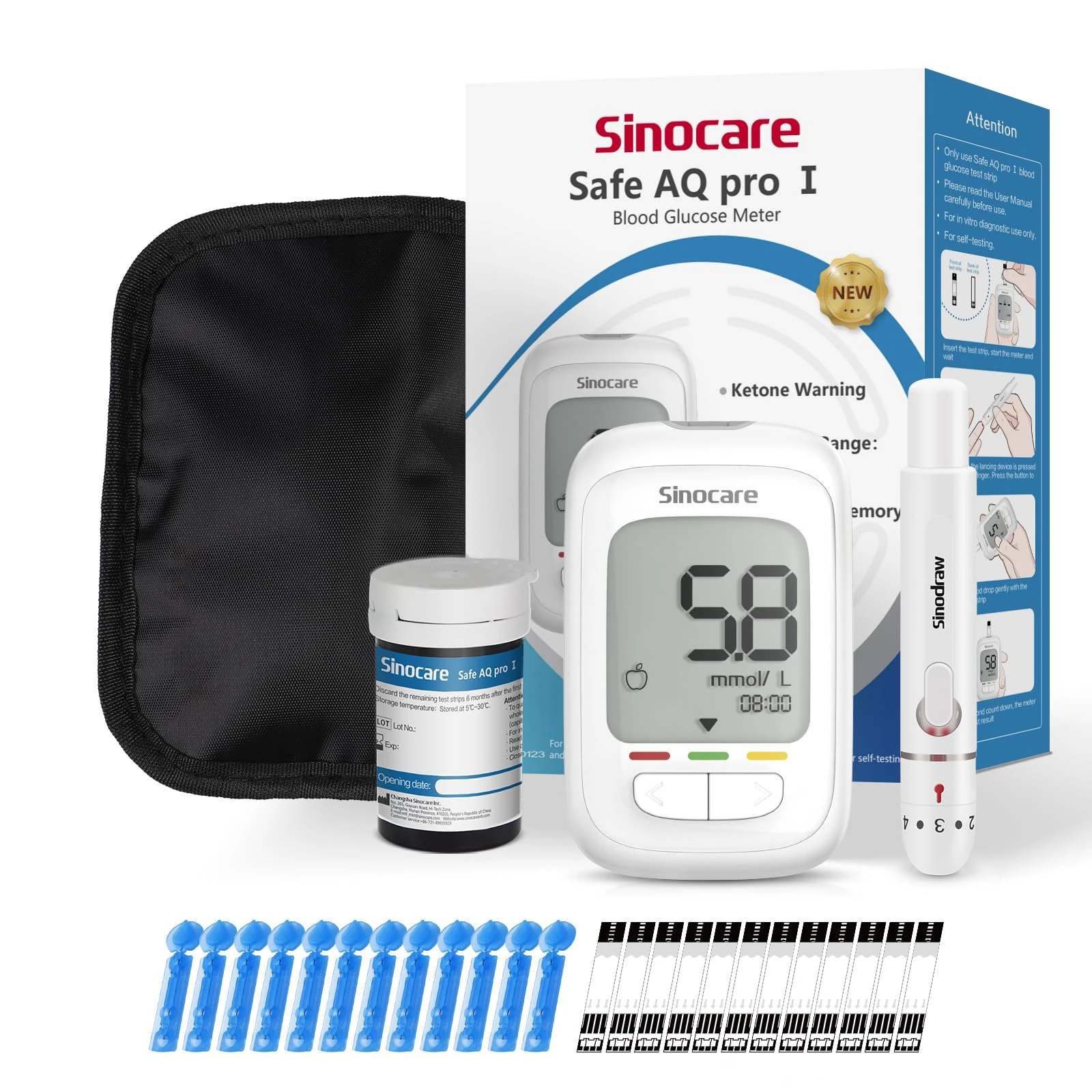 sinocare Safe AQ Pro I Blood Glucose Monitor with 25 Test Strips, 500 Memory, with Blood Ketone Warning, for UK Diabetes, Results in mmol/L