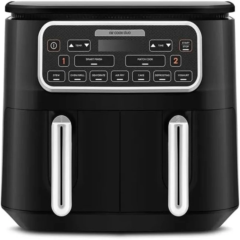 Karaca Air Cook 2-in-1 Dual XXXL Air Fryer with Stew Function, 8L, 2500W, 6 Cooking Functions, Large Meal Volume with Less Fat, Odourless and Smokeless Cooking, Adjustable Time, Black Chrome