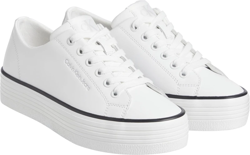 Calvin Klein Women’s Bold Leather Low Top Vulcanised Trainers, White (Bright White/Black), 6