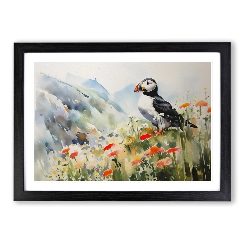 Puffin Watercolour Framed Print | A2 Black Framed Wall Art | Ready to Hang | Modern Historical Picture | Living Room Bedroom Lounge Office