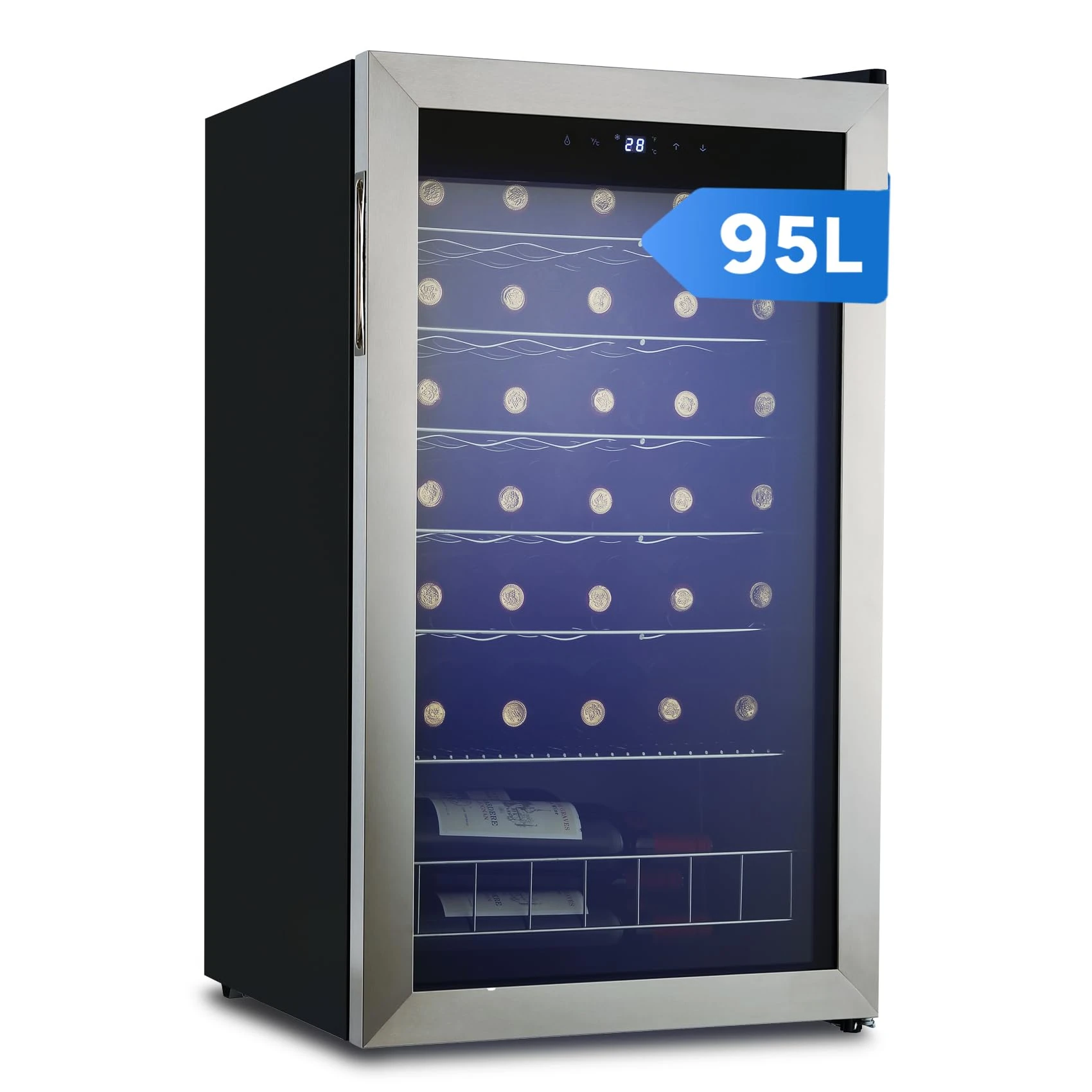 Techomey Wine Cooler Fridge, 33 Bottles, Wine Fridge 95L with UV-resistant Glass Door, Freestanding Fridges Under Counter for Home, Bar, Restaurant, Digital Temperature Control, Stainless Steel