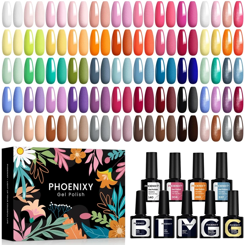 Phoenixy Gel Nail Polish Set - 50pcs UV Nail Polishes 7ml Nail Varnish with Base Top Matte Glitter Golden Coat Gel Polish Set Nail Varnish Sets Gift for Women