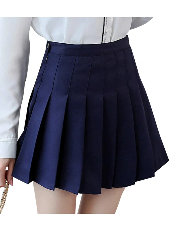 nonotse Women Girls High Waist Pleated Skater Tennis School Short Skirt (Navy, M)