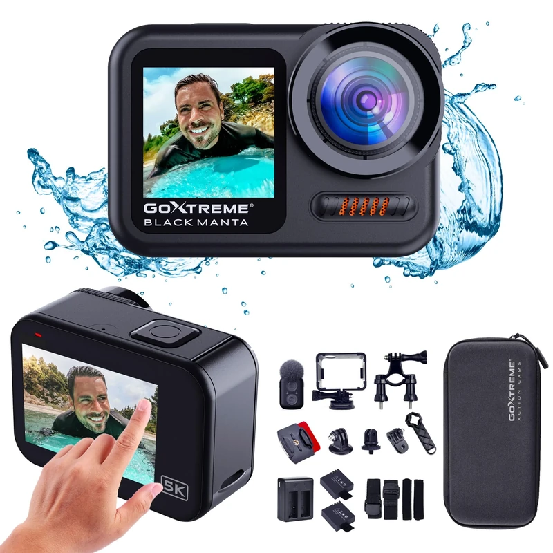 GoXtreme Black Manta Waterproof Action Cam with Accessories and Hard Case: All-in-One Complete Solution with Hard Case, External Microphone + Remote Control, Two Batteries, Charger and Holders