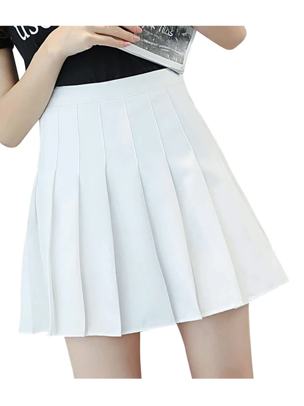 Women Girls High Waist Pleated Skater Tennis School Short Skirt (White,M)