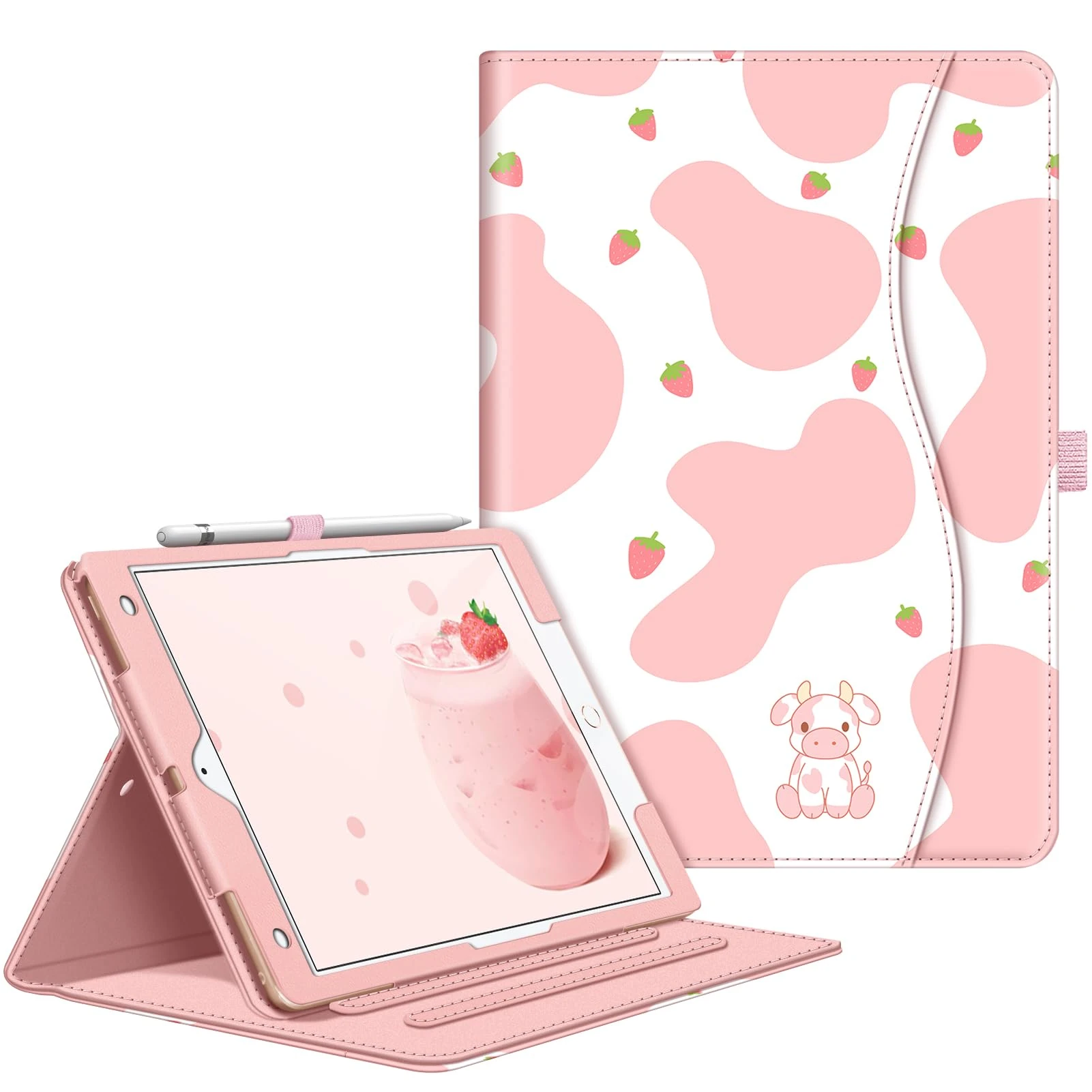 Fintie Case for iPad 9th / 8th / 7th Generation (2021/2020/2019) 10.2 Inch - [Corner Protection] Multi-Angle Viewing Stand Cover with Pocket & Pencil Holder, Auto Sleep Wake, Strawberry Cow