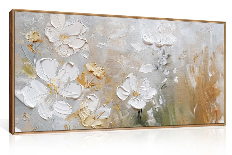HPNIUB Large Hand-Painted White Flower Framed Wall Art Modern White and Gold Floral Canvas Oil Painting Nature Botanical Wall Decor Abstract Aesthetic Artwork for Living Room Bedroom Decor -20"x40"