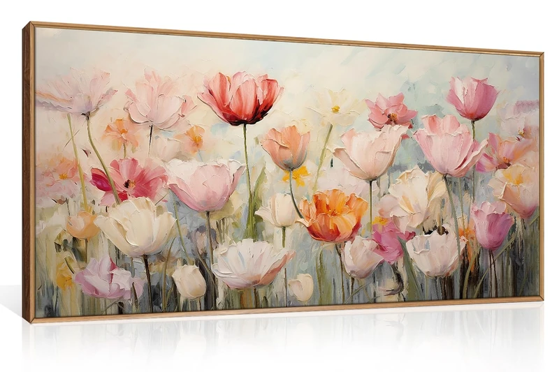 HPNIUB Large Nature Wildflowers Framed Wall Art Pink Floral Canvas Oil Painting Modern Aesthetic Wall Decor Abstract Flower Artwork for Living Room Bedroom Decor -20"x40"
