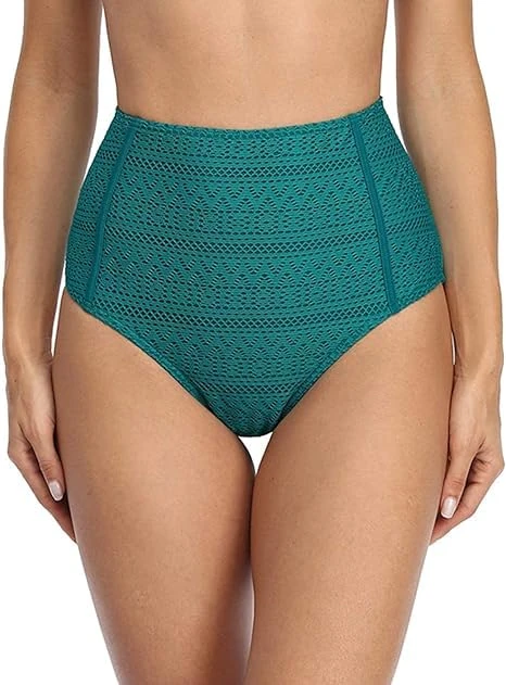 Charmo Ladies Crochet Pattern Bikini Brief Ruched Tankini Bottoms High Waisted Period Swimwear Bottom Green M