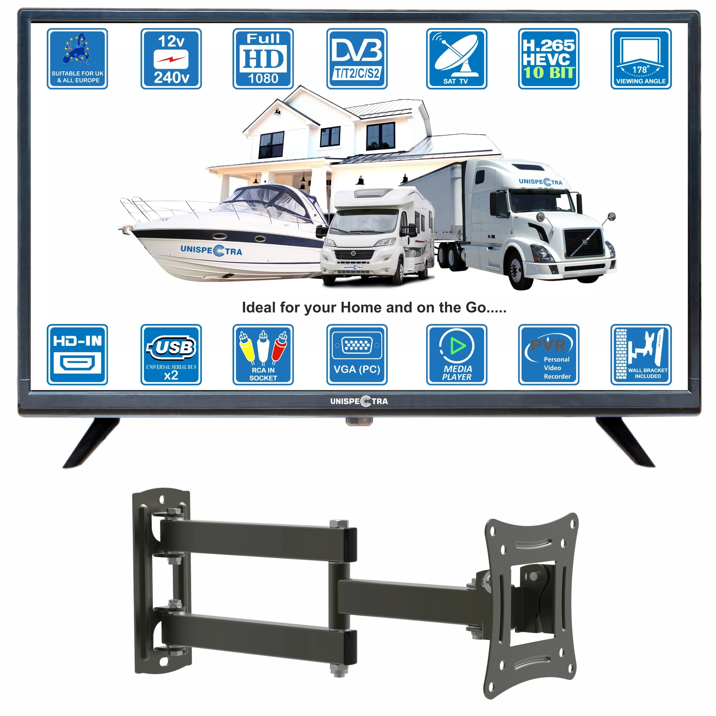 Unispectra ® 22” Full HD LED 240v 12v TV Freeview and SAT Tuners, USB Media Player, HDMI, 2xUSB. 12V TVs for Motorhomes, Campervan, Caravan TV, Camping, Truck, Boat, Kitchen, Bedroom