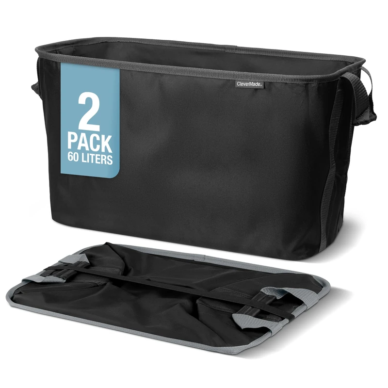 CleverMade Collapsible Laundry Basket Hamper - Black 2-Pack 60L - Space Saving Storage Organizer with Handles Foldable Home Organization