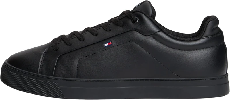 Tommy Hilfiger Men’s Icon Flag Essential Leather Court Trainers, Black (Black), 7