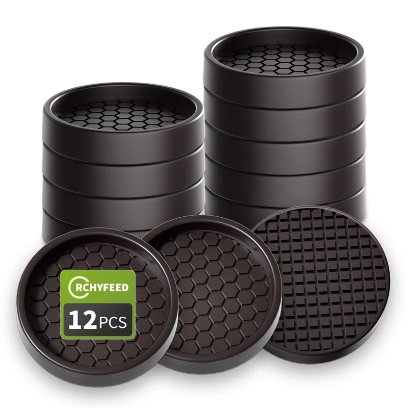 RCHYFEED 2" Non Slip Furniture Coasters - 12 Rubber Pads (Brown)