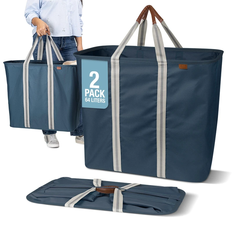 CleverMade Collapsible Laundry Basket, Premium Large Foldable Clothes Hamper, Laundry Tote Carry All Bin XL Pop-Up Caddy with Handles, Navy Noir/Cream 2 PK