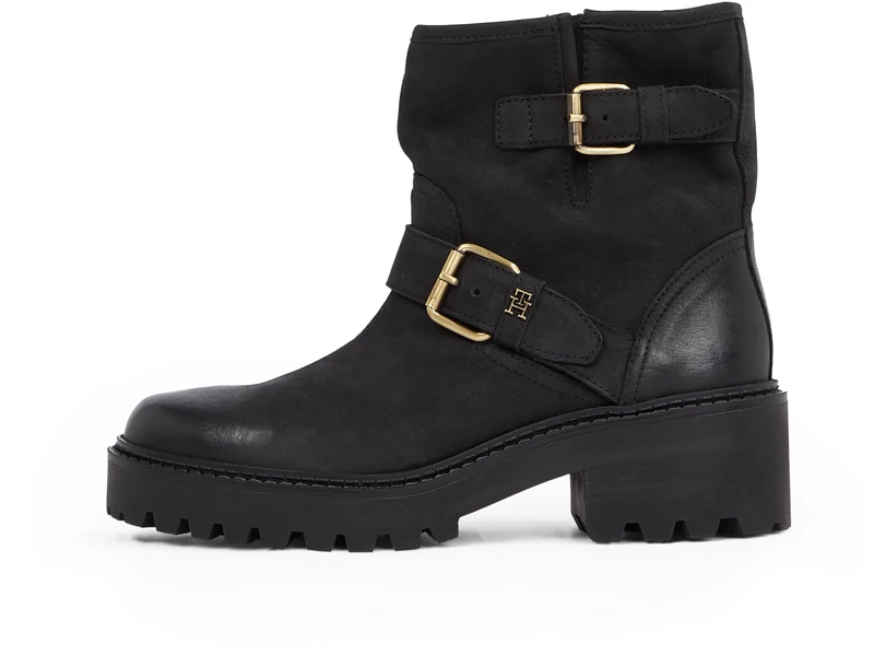 Tommy Hilfiger Women’s Biker Double Buckle Leather Ankle Boots, Black (Black), 6.5