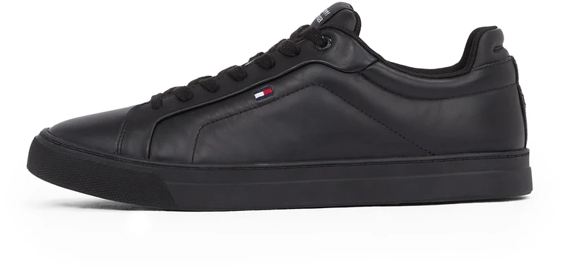 Tommy Hilfiger Men’s Icon Flag Essential Leather Court Trainers, Black (Black), 6.5