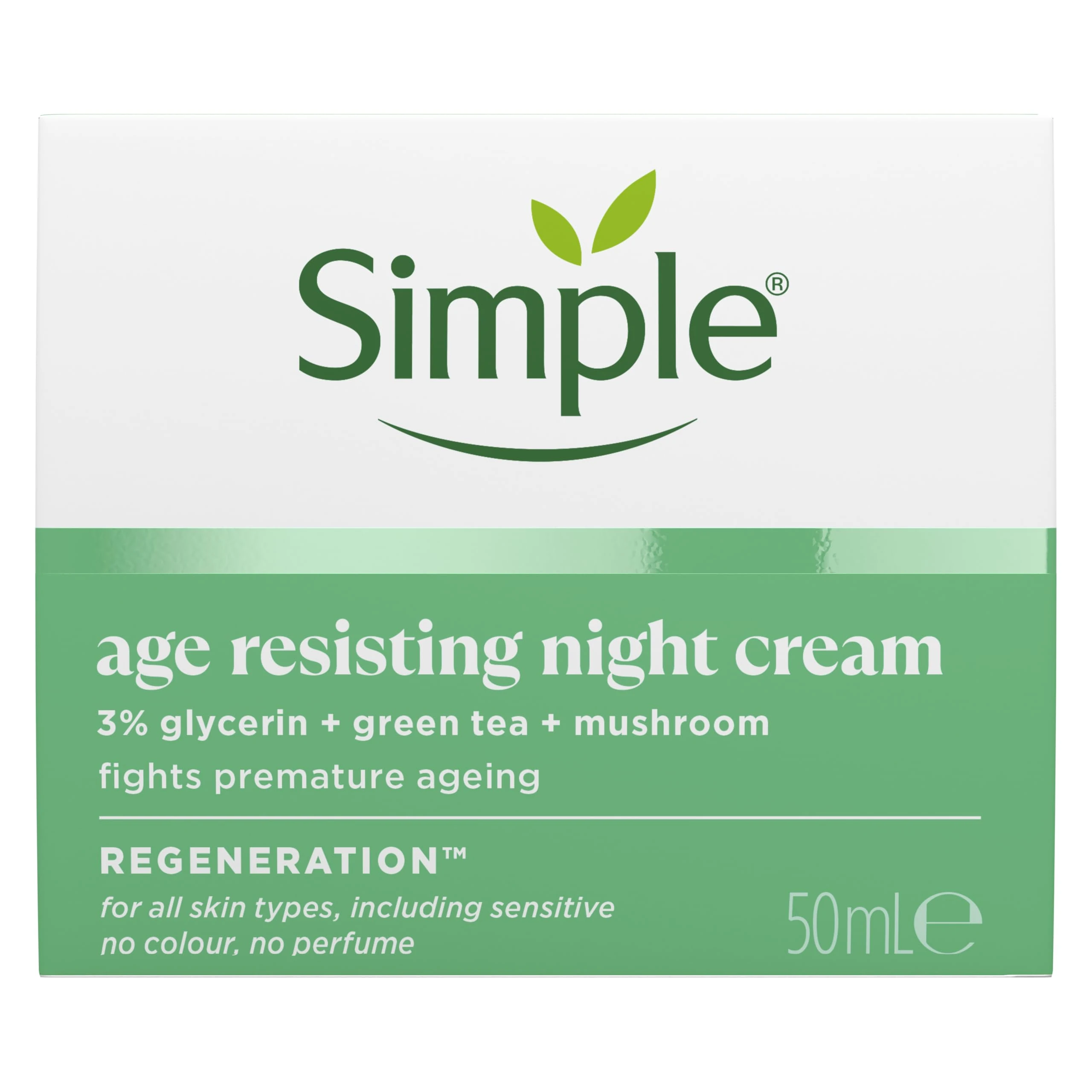 Simple Regeneration Age Resisting Night Cream with 3% Glycerin, Green Tea and Mushroom Extract Moisturiser for Overnight Skin Rejuvenation 50 ml