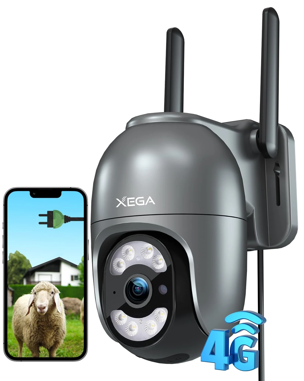Xega 4G LTE Plug in Security Camera Outdoor With SIM Card24/7 Recording 2K Wired No WiFi Security Cam, IP PTZ CCTV Auto Tracking Human Detection Spotlight Siren Alert IP66 (Not Support WiFi)