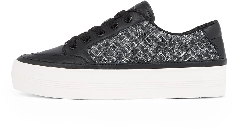 Tommy Hilfiger Women's Monogram Leather Vulcanised Trainers, Black (Black), 7