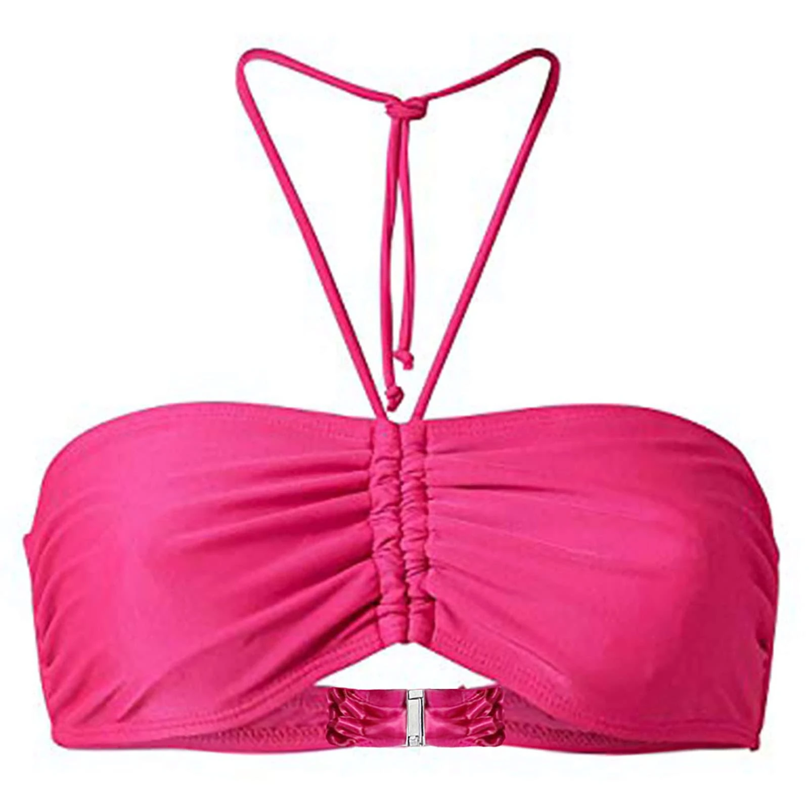Women's Plain Bandeau Top Non-Wired Bikini Tops Sexy Push Up Tie Pleated Halter Neck Swimming Tops Swimwear Beachwear SwimmingBra Bathing Suit Swimsuits for Beach Pool Party Pink