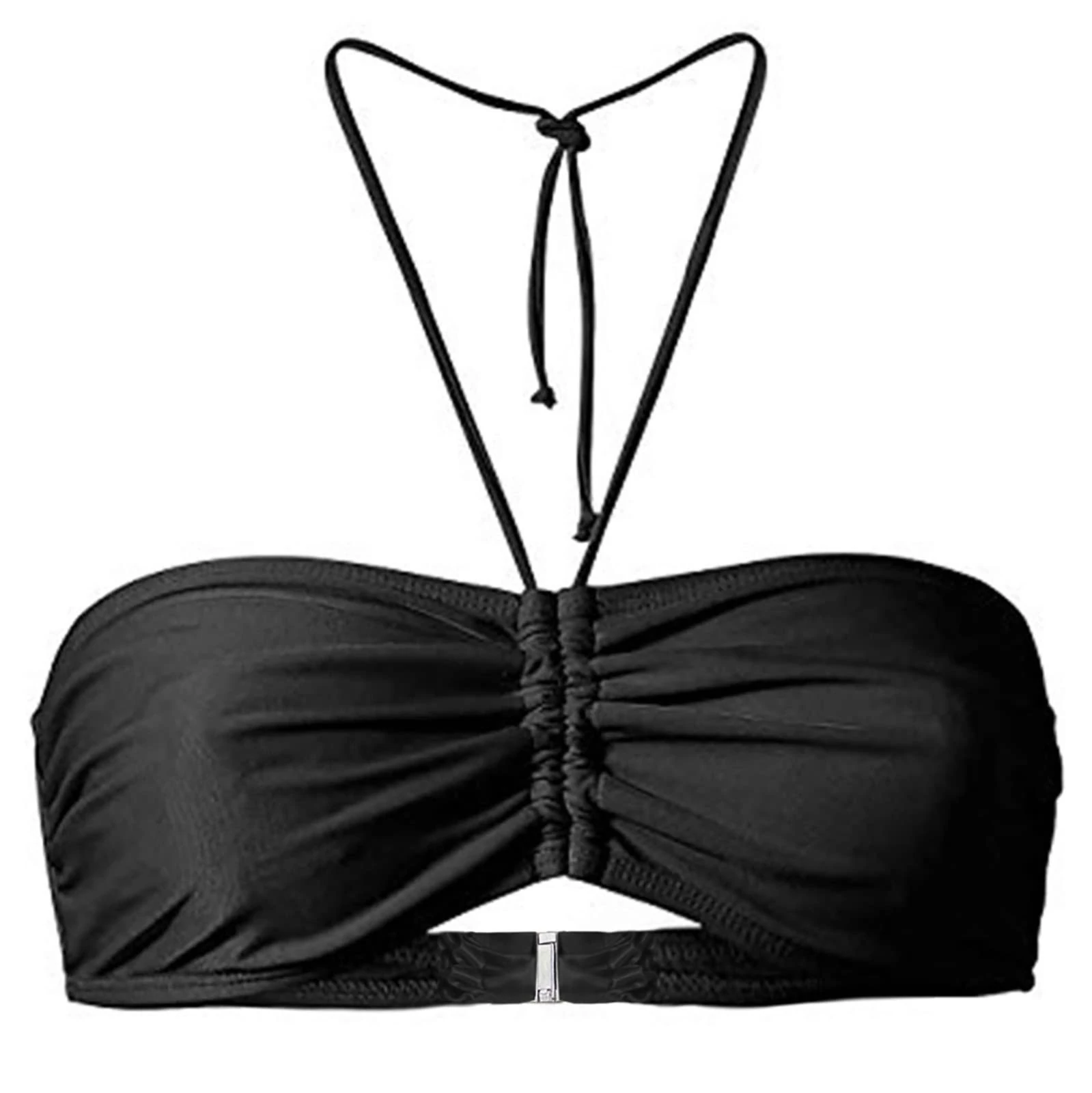 Women's Plain Bandeau Top Non-Wired Bikini Tops Sexy Push Up Tie Pleated Halter Neck Swimming Tops Swimwear Beachwear SwimmingBra Bathing Suit Swimsuits for Beach Pool Party Black