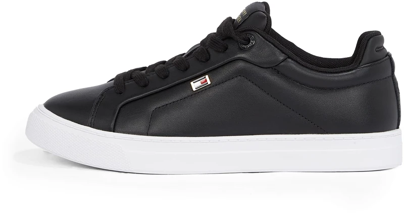 Tommy Hilfiger Women’s Icon Flag Leather Court Trainers, Black (Black), 7