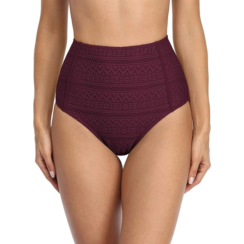 Charmo Women's Bikini Bottom Briefs Tummy Control Crochet Swimming Bottoms Solid Color Bathing Briefs Wine M
