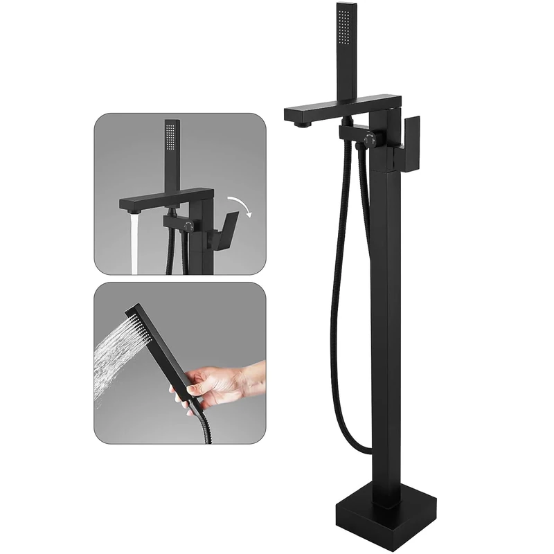 FAHKNS Tub Filler Freestanding Bathtub Faucet Matte Black Floor Mounted Tub Filler Faucet High Flow Brass Tap with Hand Shower