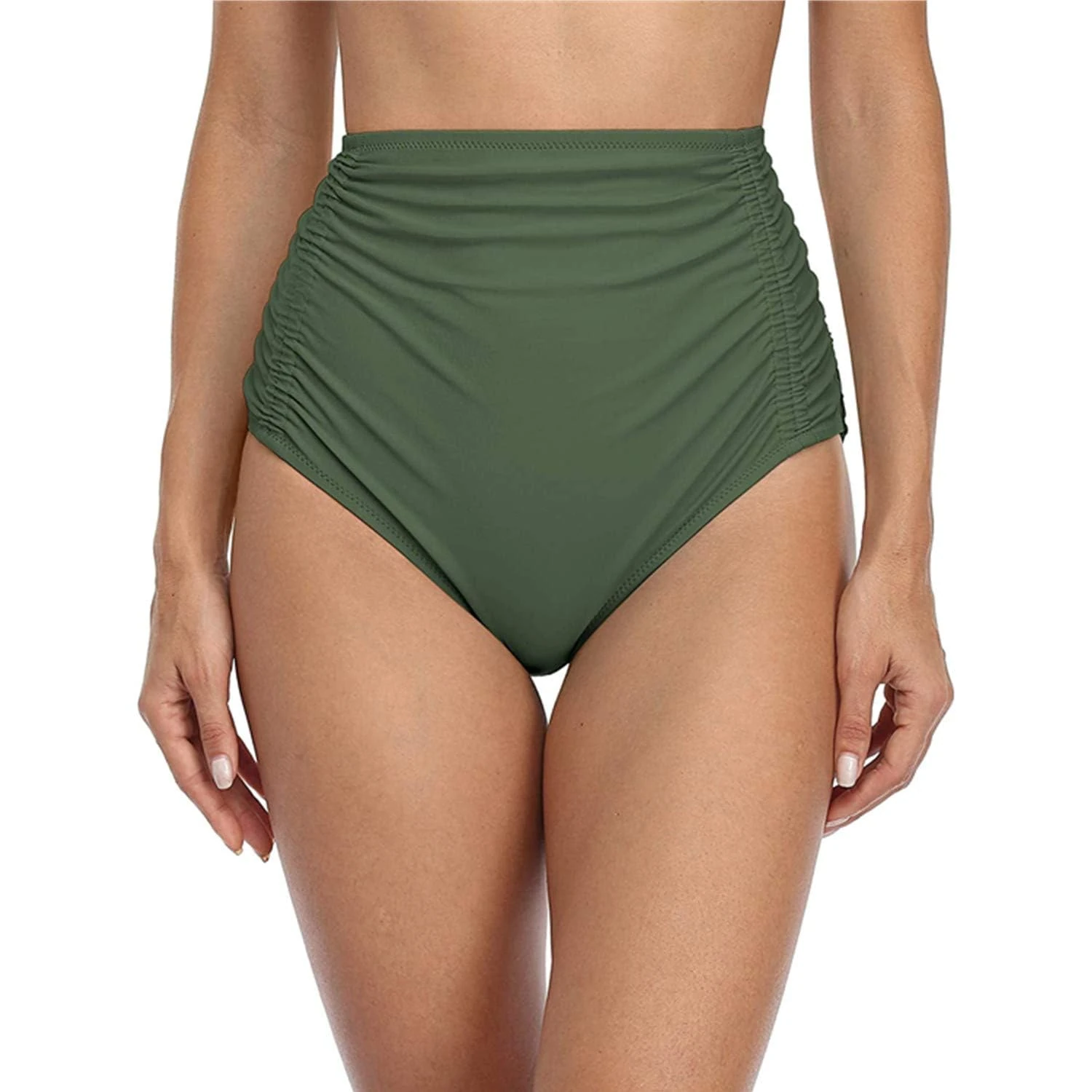 Charmo High Cut Tankini Bottom for Ladies Ruched Tummy Control Swim Bottom Moderate Coverage Shorts Olive M