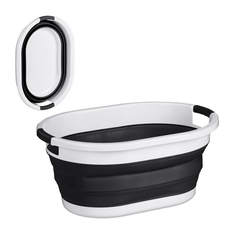 Relaxdays Folding Laundry Basket, 36 L, Plastic Tub, Clothing, Collapsible Washing Storage, with Handles, Black/White, 27.5 x 61 x 44 cm