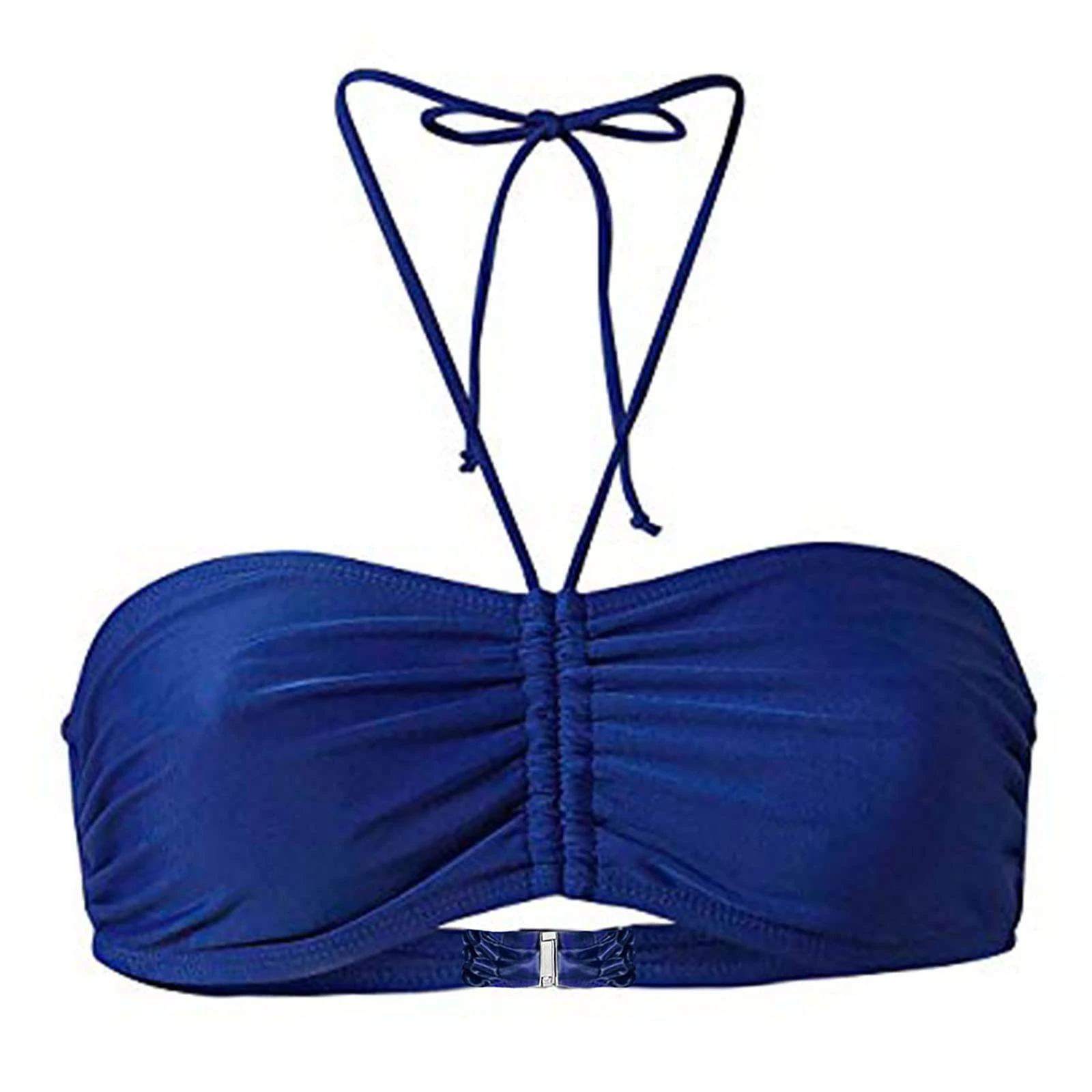 Women's Plain Bandeau Top Non-Wired Bikini Tops Sexy Push Up Tie Pleated Halter Neck Swimming Tops Swimwear Beachwear SwimmingBra Bathing Suit Swimsuits for Beach Pool Party Blue