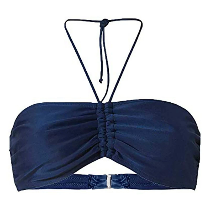 Women's Plain Bandeau Top Non-Wired Bikini Tops Sexy Push Up Tie Pleated Halter Neck Swimming Tops Swimwear Beachwear SwimmingBra Bathing Suit Swimsuits for Beach Pool Party Dark Blue