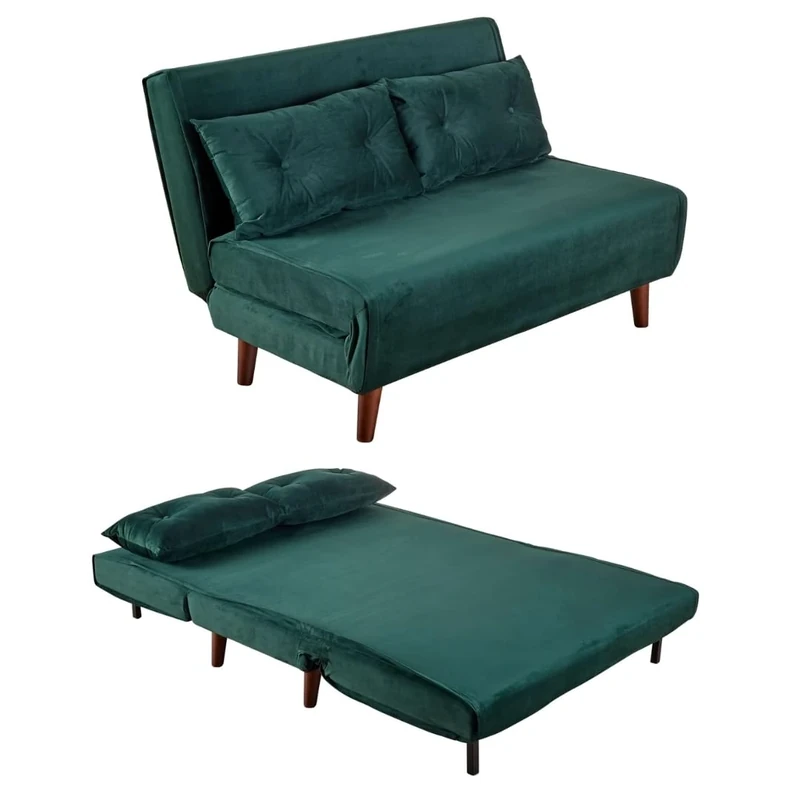 Home Source Double Sofa Bed Futon Couch, Folding Chair Recliner Settee, 2 Pillows, Green Velvet