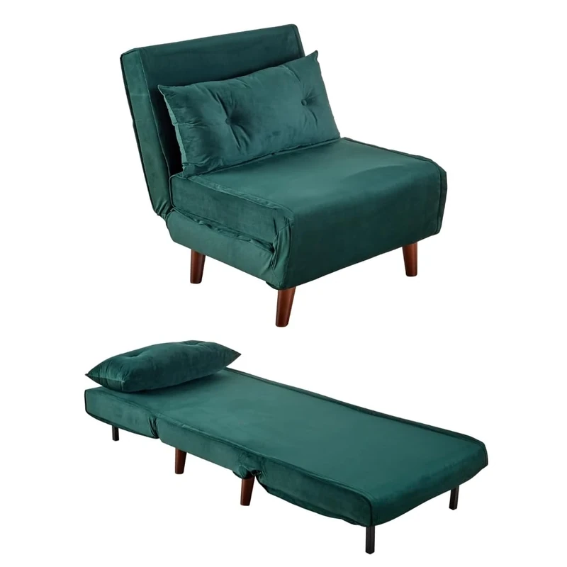 Home Source Single Sofa Bed Futon Chair with Pillow, Folding Recliner Settee, Green Velvet