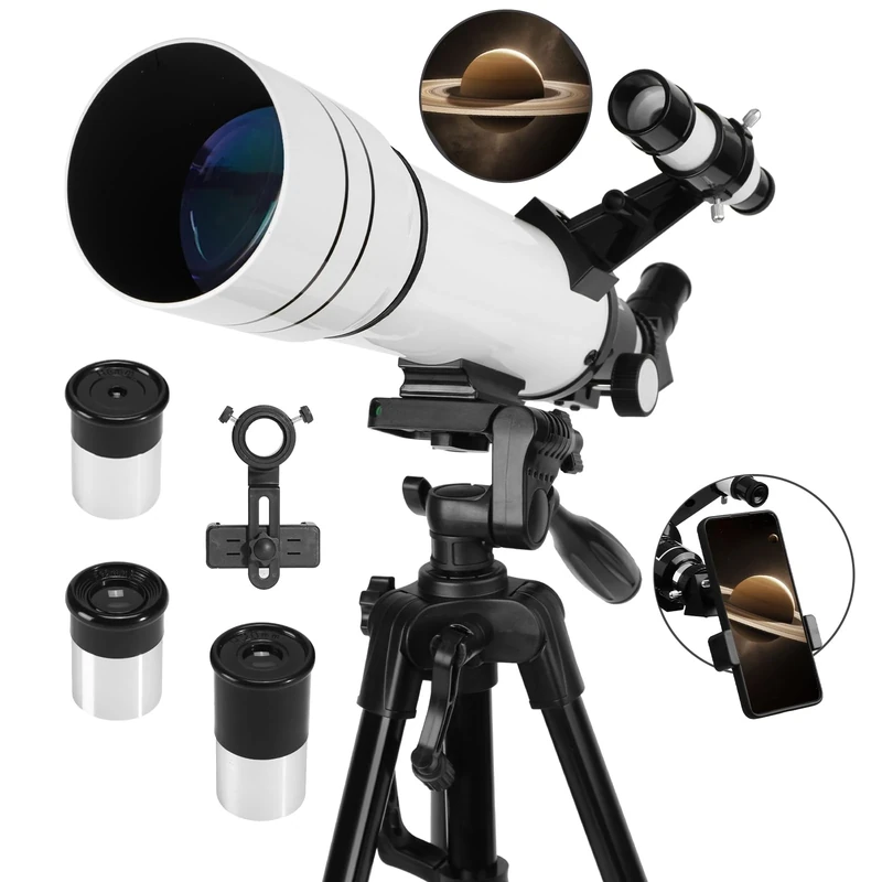 Telescopes for Adults Astronomy, 70mm Aperture 400mm Refractor Telescope for Kids FMC Coated-High Transmission with Smartphone Adapter Tripod Astronomical Telescope for Beginner White