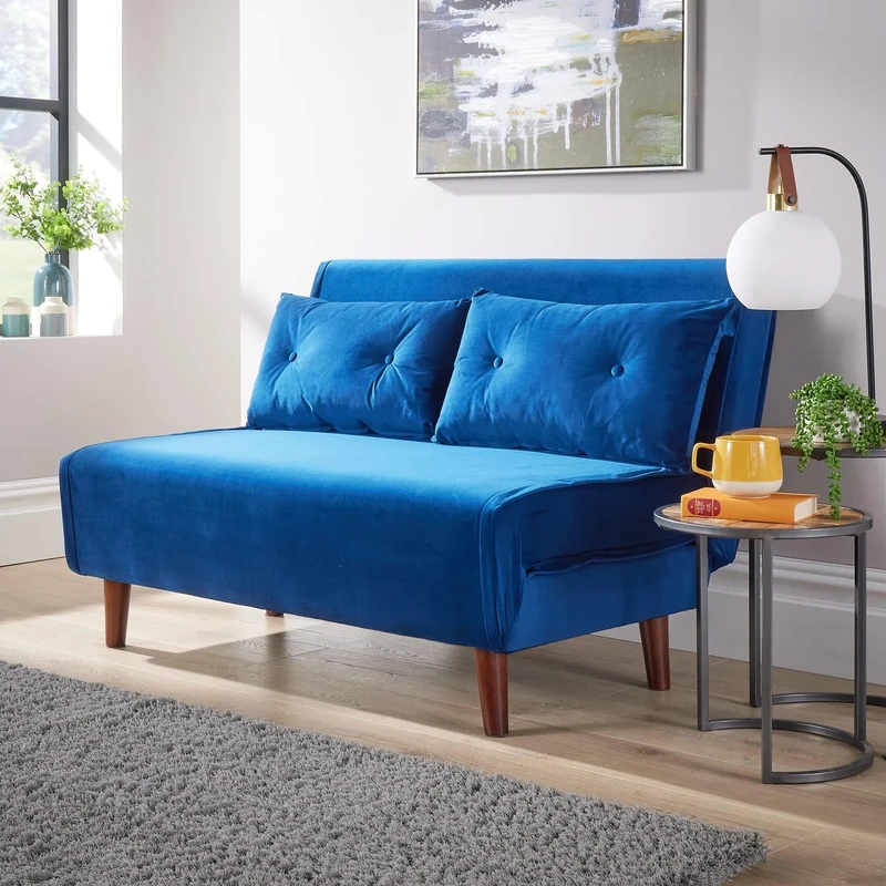 Home Source Double Sofa Bed Futon Couch, Folding Chair Recliner Settee, 2 Pillows, Blue Velvet
