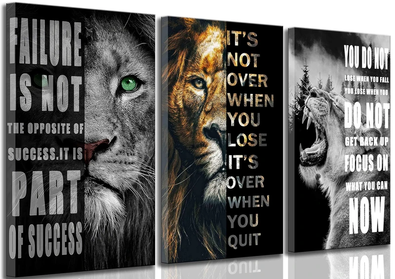 3 Pieces Office Inspirational Canvas Wall Art Modern Motivational Quotes Black And White Lion Pictures Wall Decor Inspiring Poster Print Artwork for Living room Man Room Bedroom Home Decoration