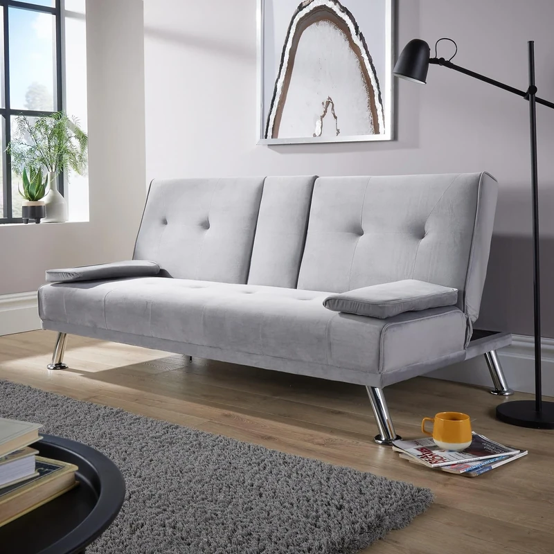 Home Source Double Folding Sofa Bed Couch, Velvet, Grey Silver, Metal Legs