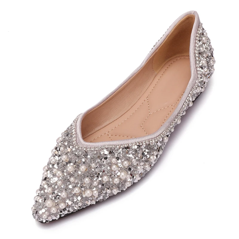 QXCXINGDY Women's Rhinestone Flats Fashion Pointed Toe Pearl Diamond Low Heel Dress Wedding Shoes Flats Work Business Dance Ballet Flats, Silver, 6.5 UK