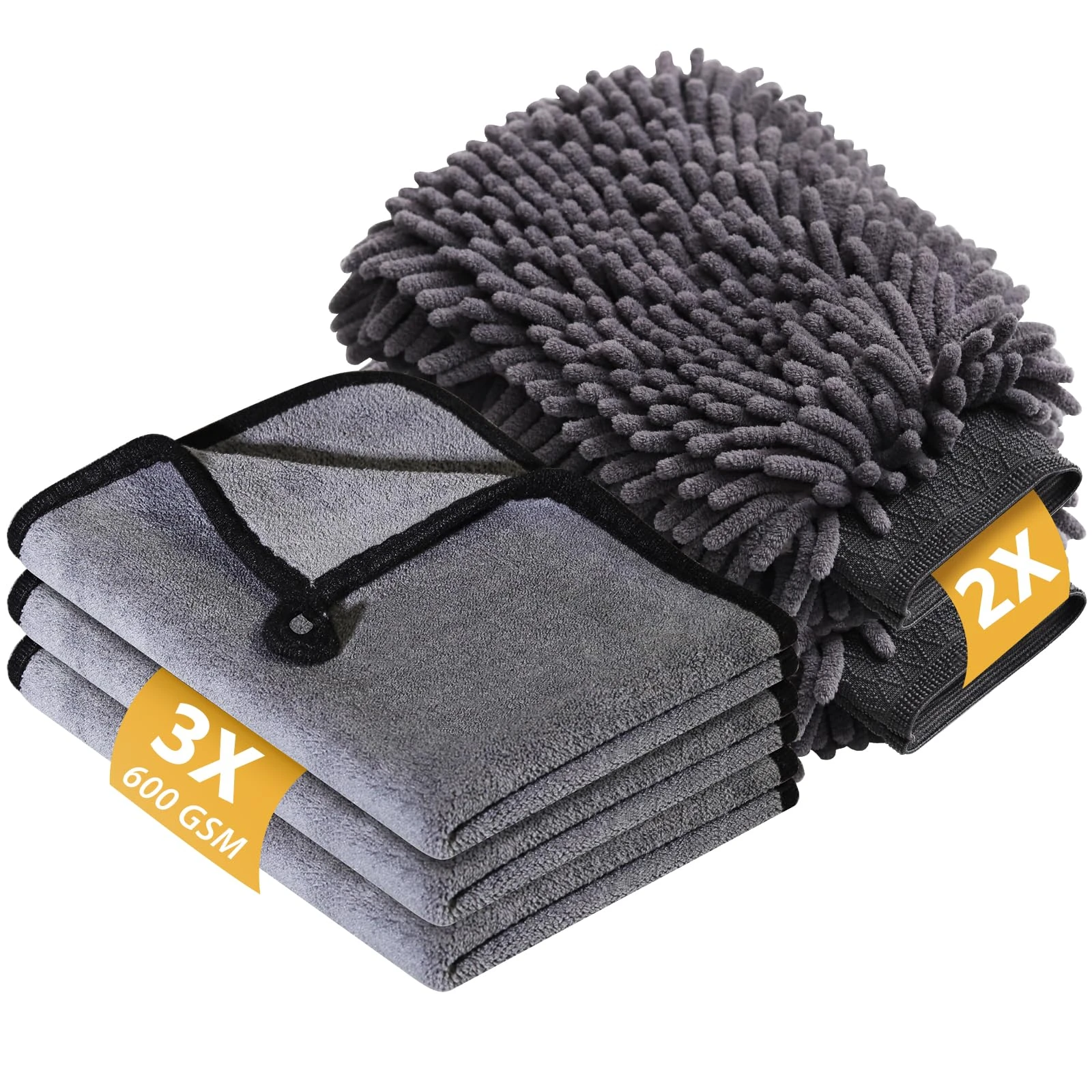 KEYAYE 5 Pcs Car Washing Kit with 3x Microfibre Cleaning Cloth and 2er Microfibre Wash Mitt, Dual-Sided Ultra Soft Drying Towels and Gloves for Car Care, Polishing, 600GSM, 40x30cm